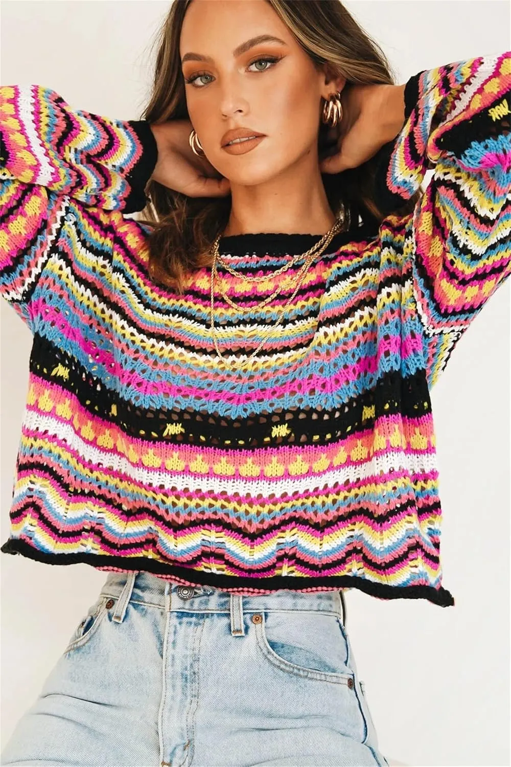 Women' s Y2K Crochet Crop Top See Through Hollow Out Sweater Pullover Long Sleeve Knit Color Block Casual Streetwear