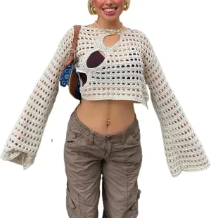 Women' s Y2K Crochet Crop Top See Through Hollow Out Sweater Pullover Long Sleeve Knit Color Block Casual Streetwear