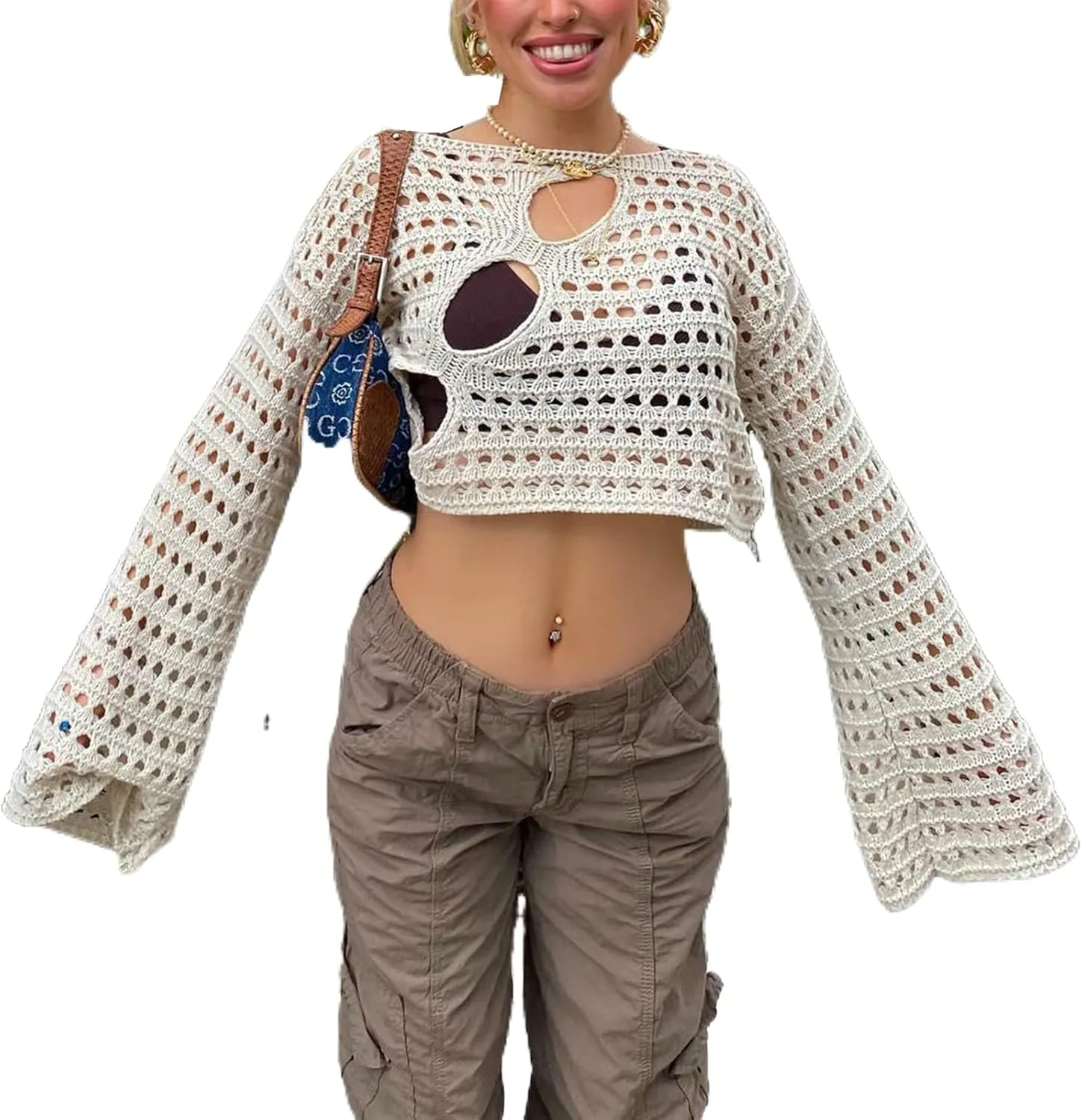 Women' s Y2K Crochet Crop Top See Through Hollow Out Sweater Pullover Long Sleeve Knit Color Block Casual Streetwear
