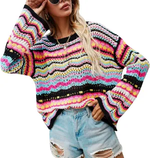 Women' s Y2K Crochet Crop Top See Through Hollow Out Sweater Pullover Long Sleeve Knit Color Block Casual Streetwear