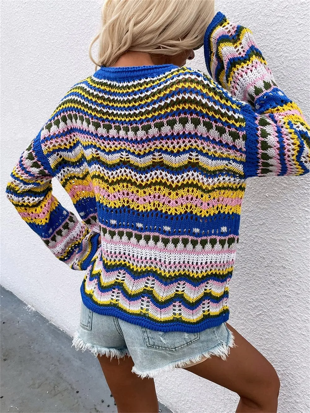 Women' s Y2K Crochet Crop Top See Through Hollow Out Sweater Pullover Long Sleeve Knit Color Block Casual Streetwear