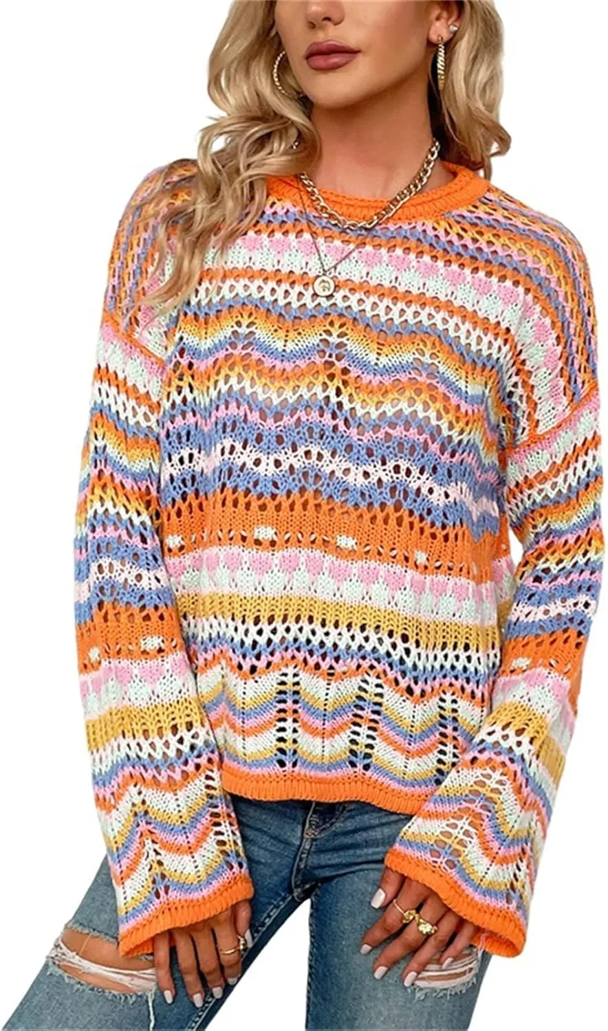 Women' s Y2K Crochet Crop Top See Through Hollow Out Sweater Pullover Long Sleeve Knit Color Block Casual Streetwear