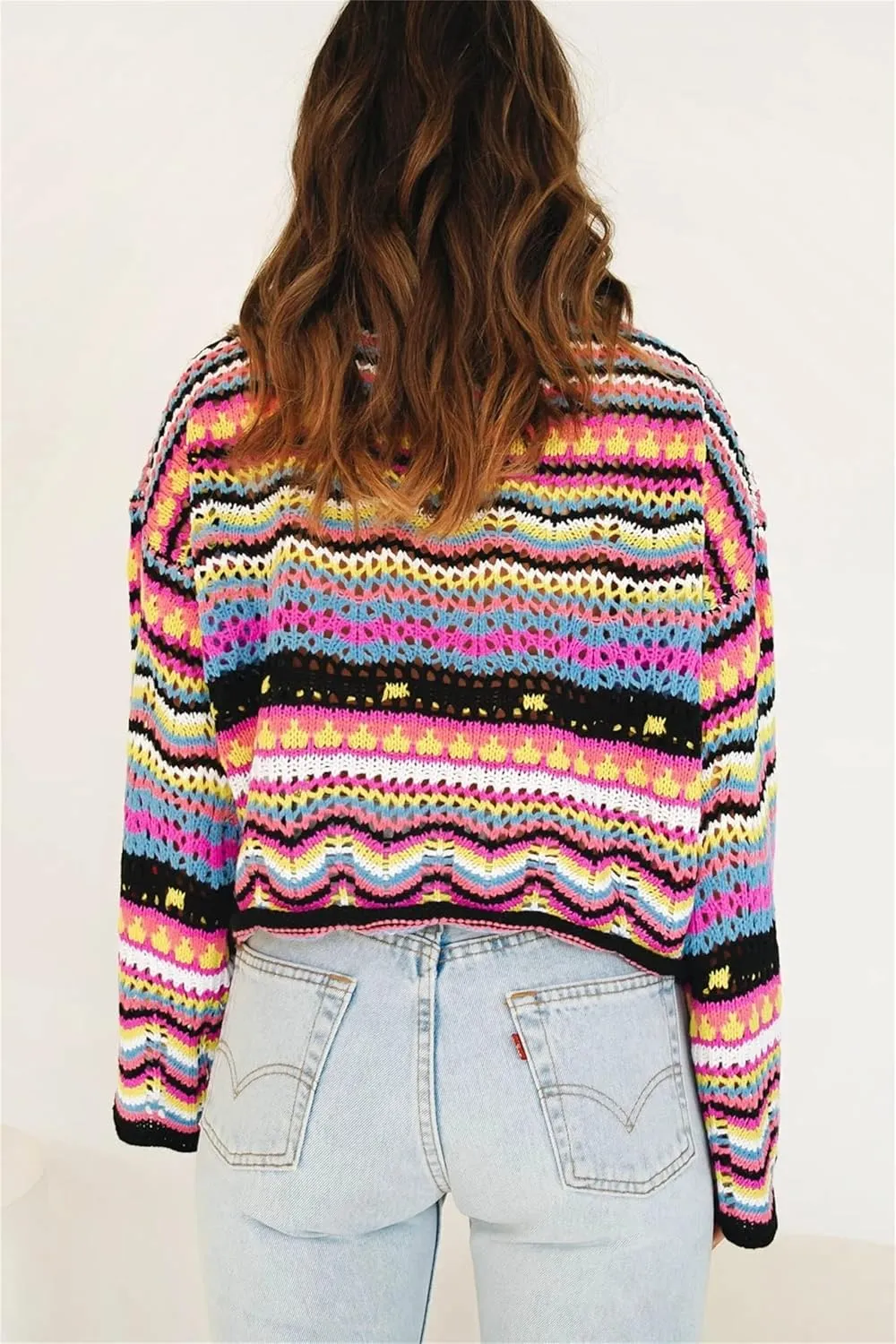 Women' s Y2K Crochet Crop Top See Through Hollow Out Sweater Pullover Long Sleeve Knit Color Block Casual Streetwear