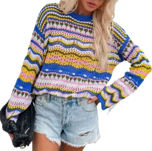 Women' s Y2K Crochet Crop Top See Through Hollow Out Sweater Pullover Long Sleeve Knit Color Block Casual Streetwear
