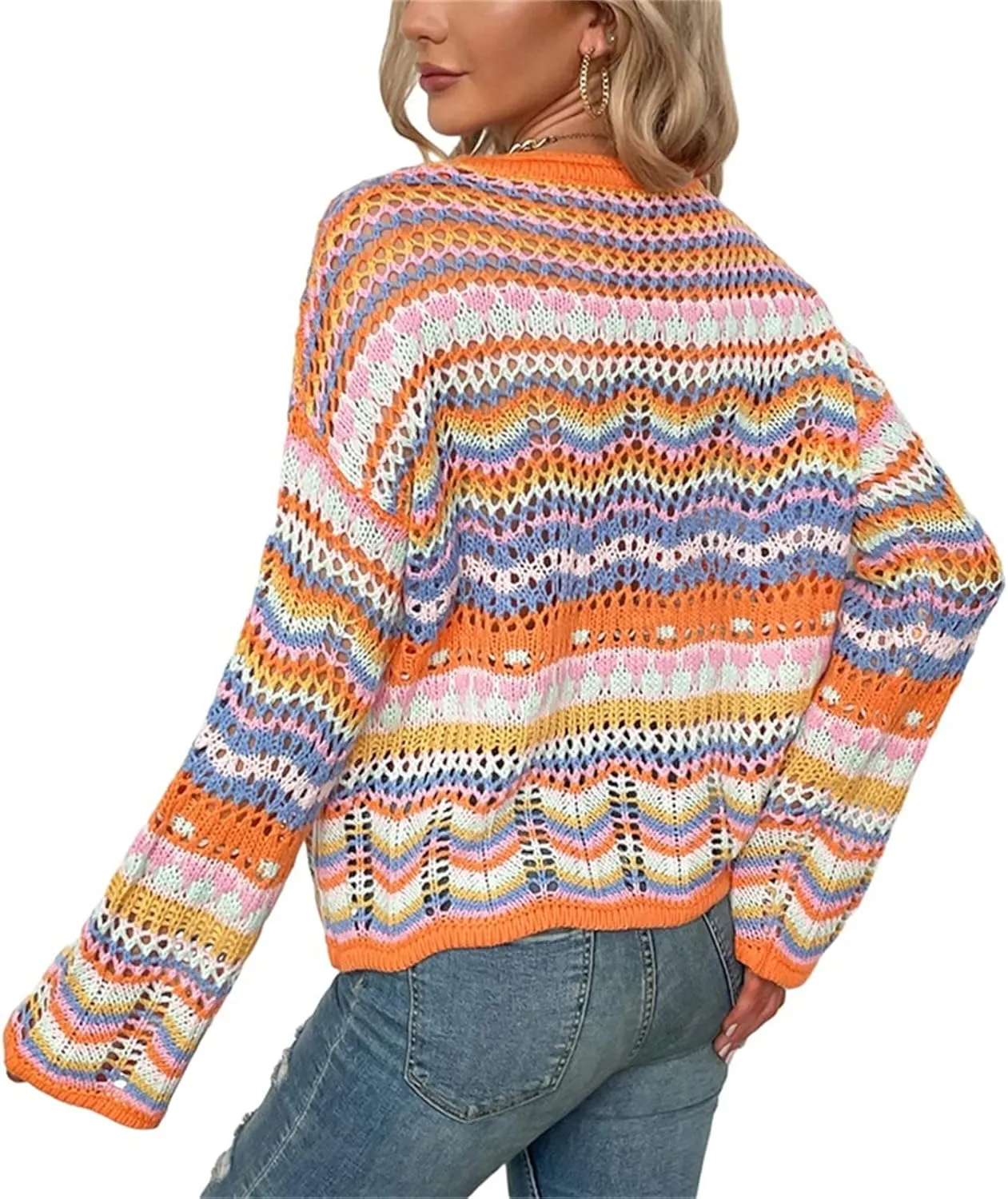 Women' s Y2K Crochet Crop Top See Through Hollow Out Sweater Pullover Long Sleeve Knit Color Block Casual Streetwear
