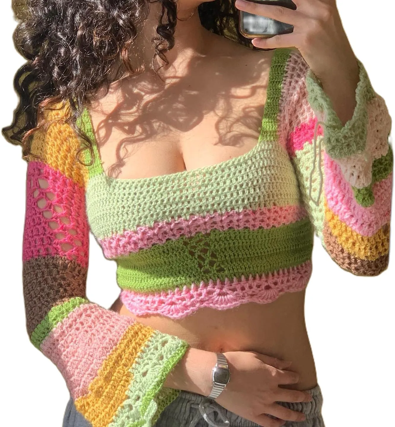 Women' s Y2K Crochet Crop Top See Through Hollow Out Sweater Pullover Long Sleeve Knit Color Block Casual Streetwear