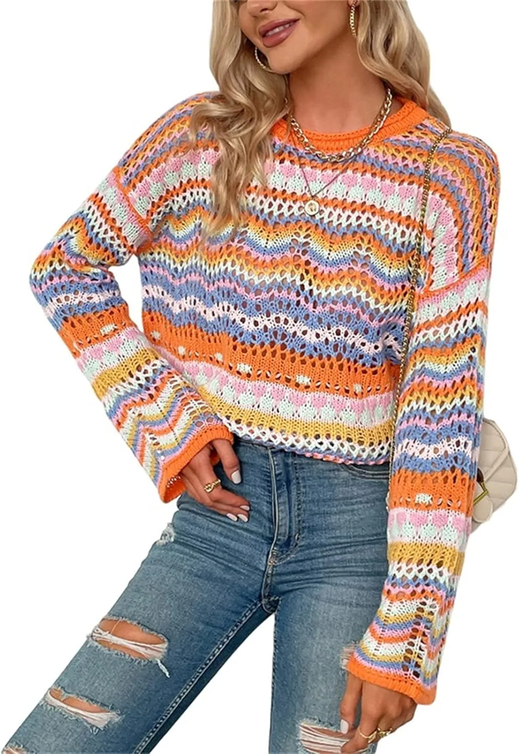 Women' s Y2K Crochet Crop Top See Through Hollow Out Sweater Pullover Long Sleeve Knit Color Block Casual Streetwear