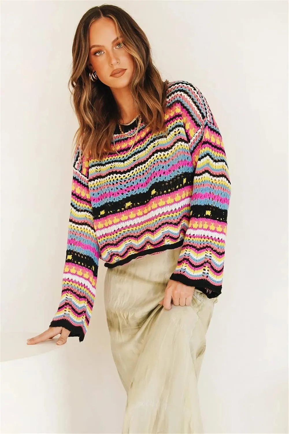 Women' s Y2K Crochet Crop Top See Through Hollow Out Sweater Pullover Long Sleeve Knit Color Block Casual Streetwear