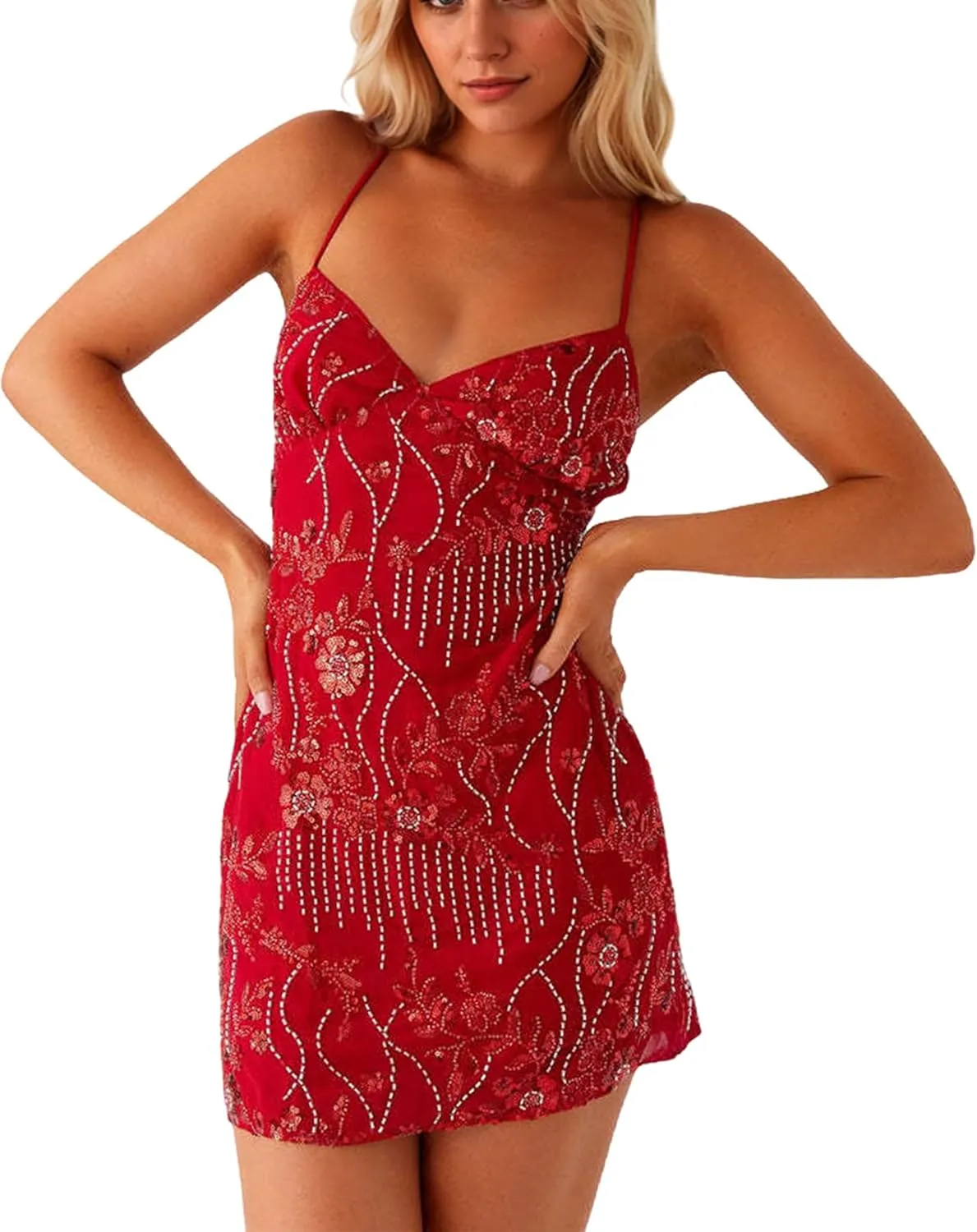 Women Sequin Sparkly Rhinestone Mini Dress Sleeveless Backless Deep V Neck Glitter Short Cami Dress Party Clubwear
