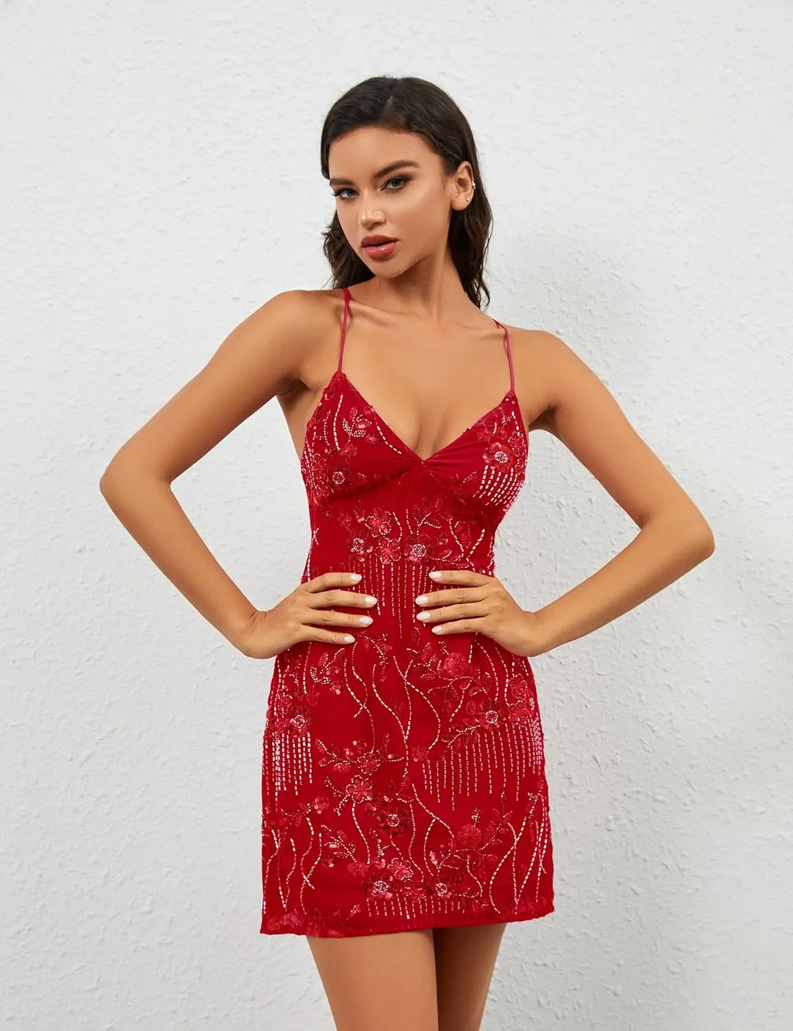 Women Sequin Sparkly Rhinestone Mini Dress Sleeveless Backless Deep V Neck Glitter Short Cami Dress Party Clubwear