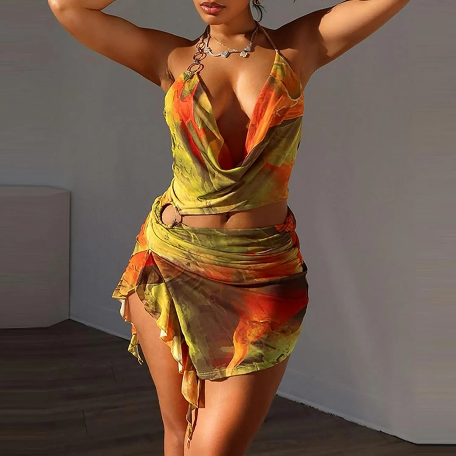 Women Sexy Halterneck Mini Dress Hollow Out Colourful Mesh Floral Dress for Beach Party Night