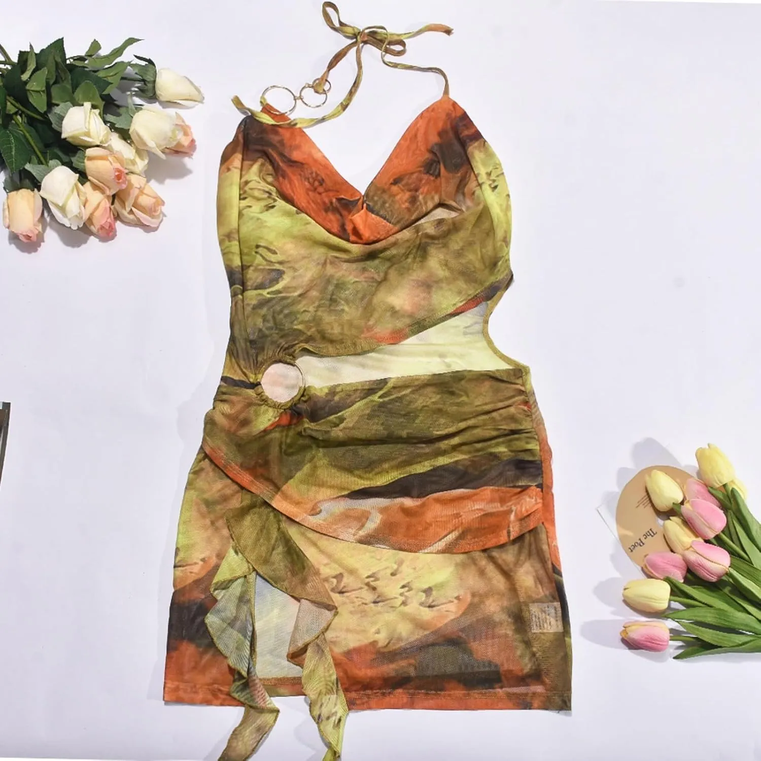 Women Sexy Halterneck Mini Dress Hollow Out Colourful Mesh Floral Dress for Beach Party Night