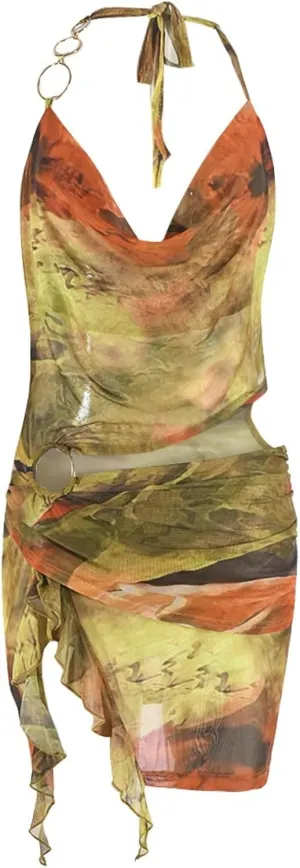 Women Sexy Halterneck Mini Dress Hollow Out Colourful Mesh Floral Dress for Beach Party Night
