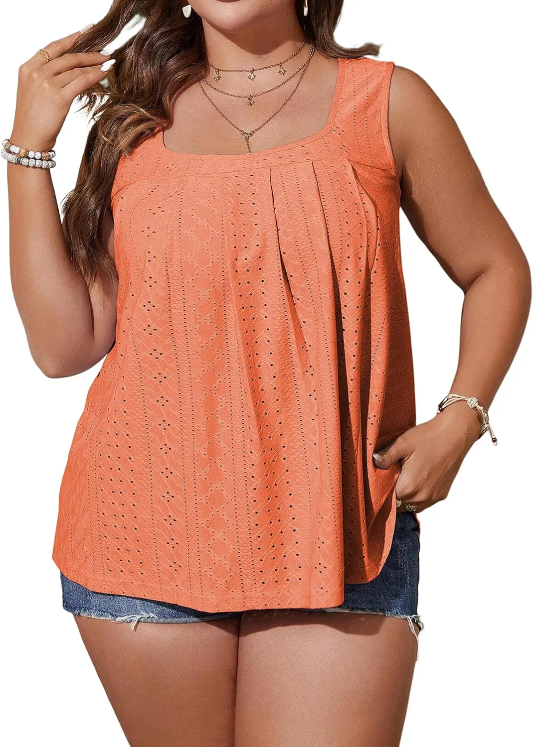 Women Square Neck Summer Sleeveless Tank Tops, Cute Babydoll Tops Fashion Eyelet Tunic Curved Hem Shirts Blouses