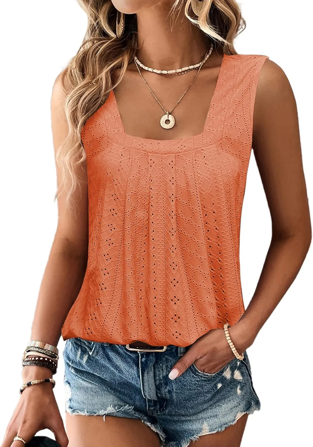 Women Square Neck Summer Sleeveless Tank Tops, Cute Babydoll Tops Fashion Eyelet Tunic Curved Hem Shirts Blouses