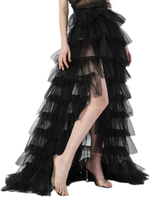 Women Tulle Maxi Skirt Sexy Sheer Mesh High Low Waist Irregular Long Skirts Cocktail Party Club Split Skirt