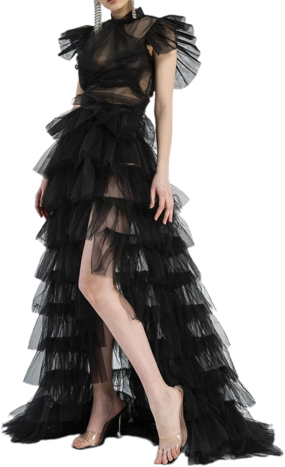 Women Tulle Maxi Skirt Sexy Sheer Mesh High Low Waist Irregular Long Skirts Cocktail Party Club Split Skirt