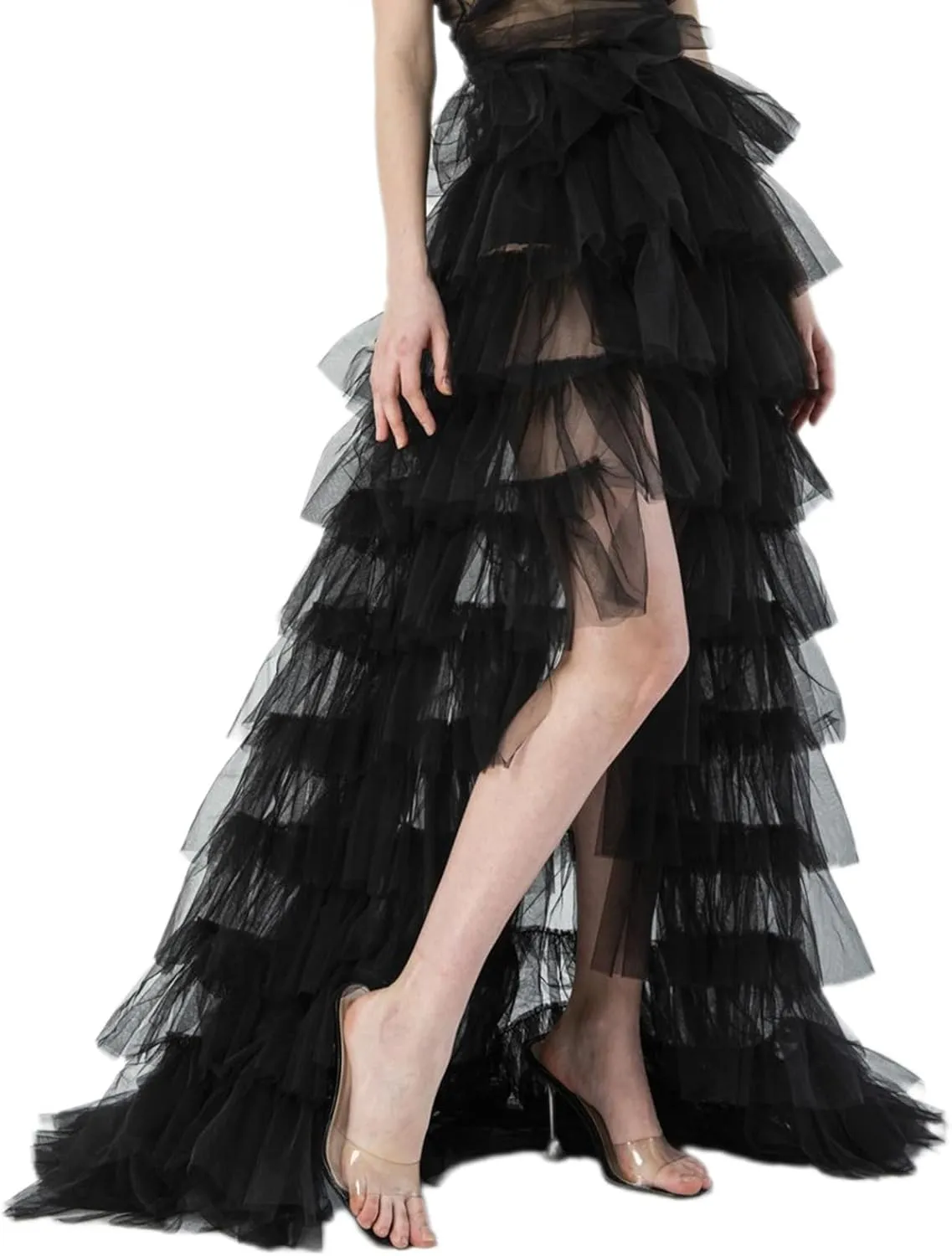 Women Tulle Maxi Skirt Sexy Sheer Mesh High Low Waist Irregular Long Skirts Cocktail Party Club Split Skirt