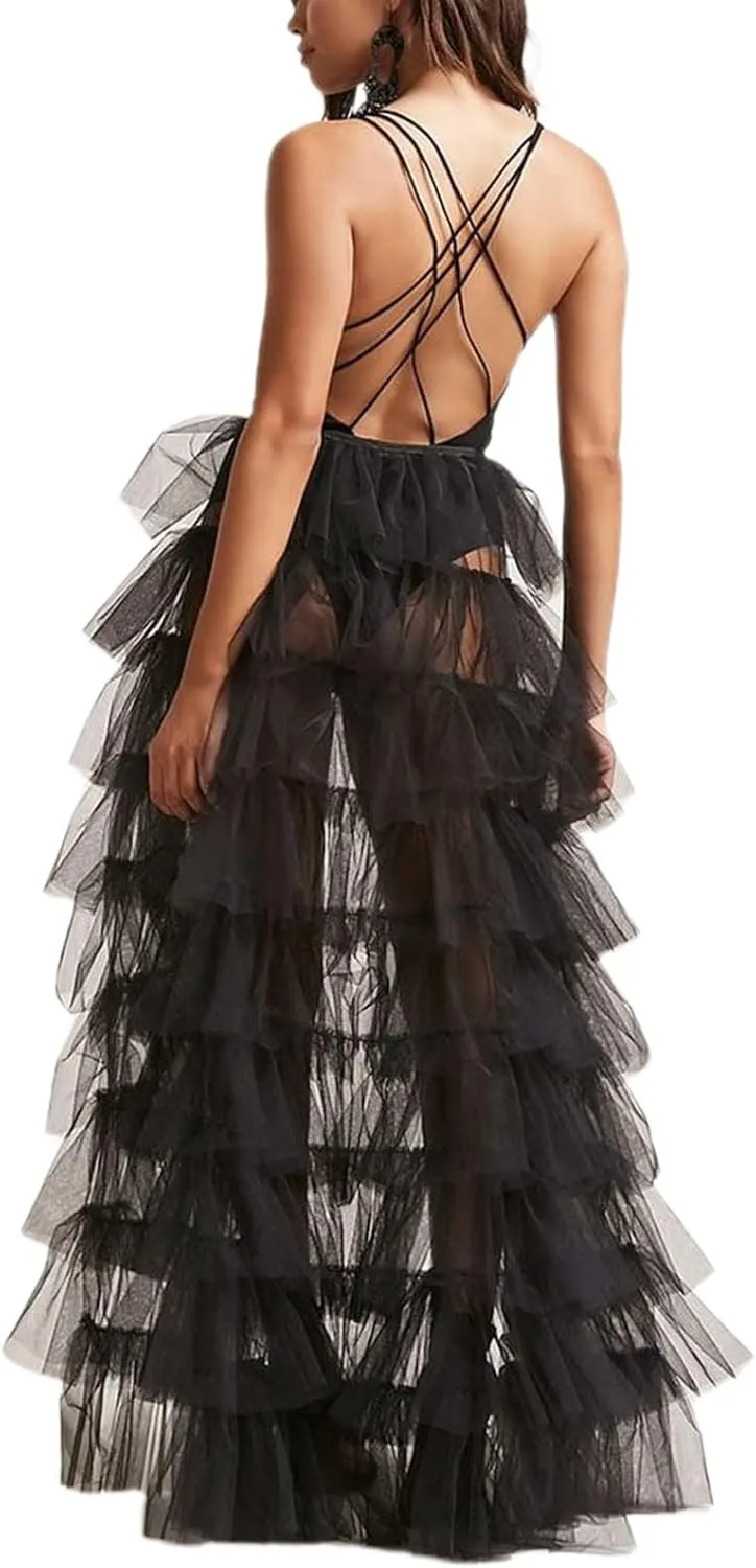 Women Tulle Maxi Skirt Sexy Sheer Mesh High Low Waist Irregular Long Skirts Cocktail Party Club Split Skirt