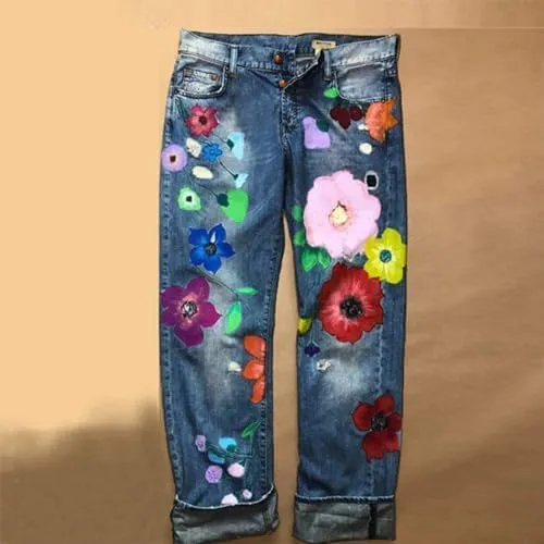 Women Vintage Floral Print High Waist Distressed Straight Leg Jean Loose Baggy Boyfriend Ripped Flower Denim Pant