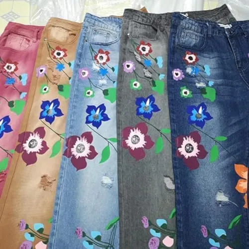 Women Vintage Floral Print High Waist Distressed Straight Leg Jean Loose Baggy Boyfriend Ripped Flower Denim Pant