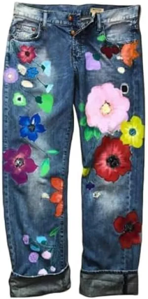 Women Vintage Floral Print High Waist Distressed Straight Leg Jean Loose Baggy Boyfriend Ripped Flower Denim Pant