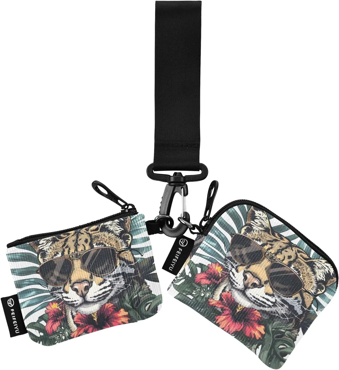Women Wristlet Coin Purse Keychain Card Wallet Change Pouch Ocelot in Sunglasses Portable Mini Bags Dual Pouch