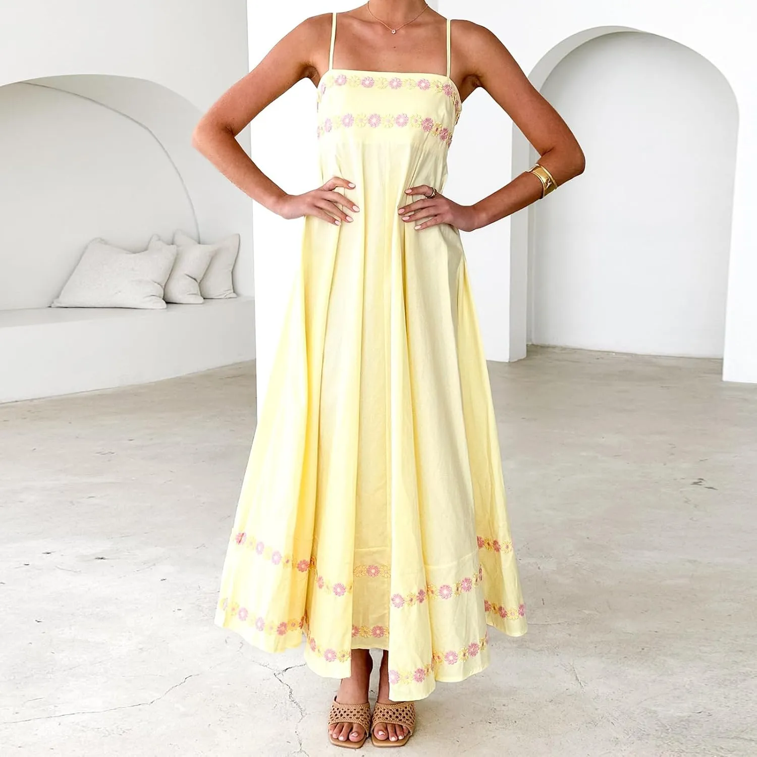 Women Y2k Floral Long Dress Boho Sleeveless Swing Maxi Dress Vintage Spaghetti Strap Aline Dress Cute Beach Sundress