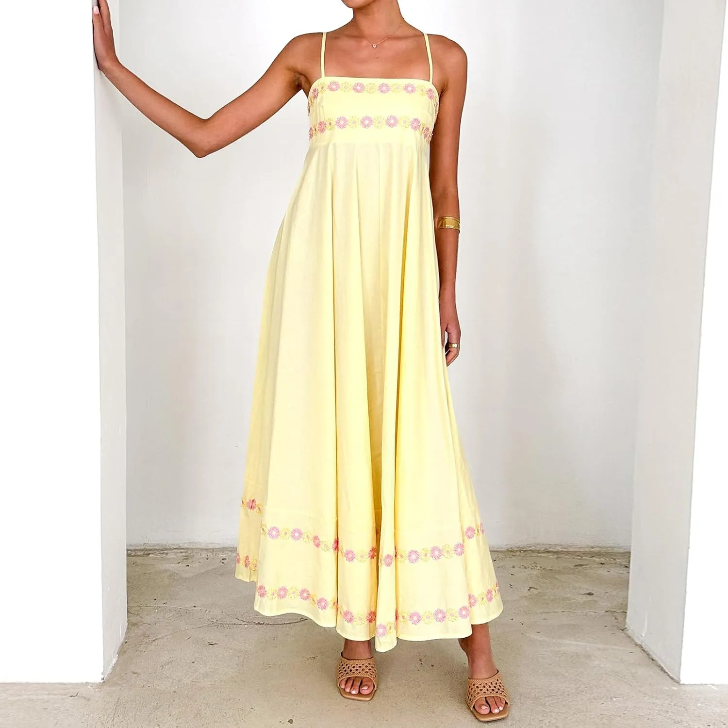 Women Y2k Floral Long Dress Boho Sleeveless Swing Maxi Dress Vintage Spaghetti Strap Aline Dress Cute Beach Sundress