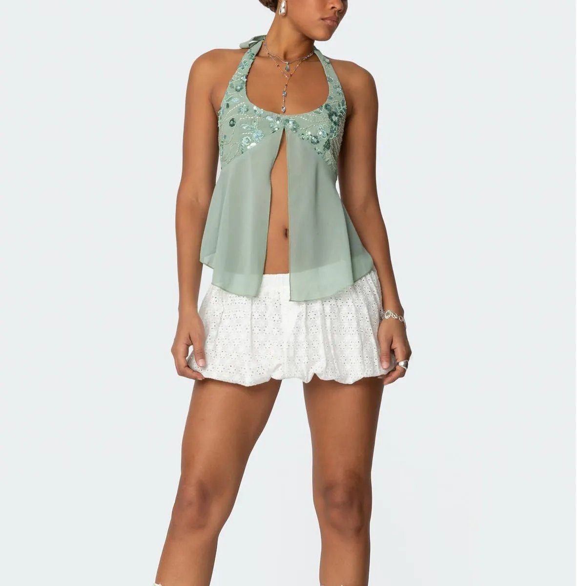 Women Y2K Sequin Cami Tops Sleeveless Scoop Neck Chiffon Patchwork Sparkly Halter Crop Top Split Front Glitter Tank