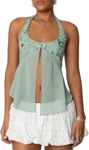 Women Y2K Sequin Cami Tops Sleeveless Scoop Neck Chiffon Patchwork Sparkly Halter Crop Top Split Front Glitter Tank