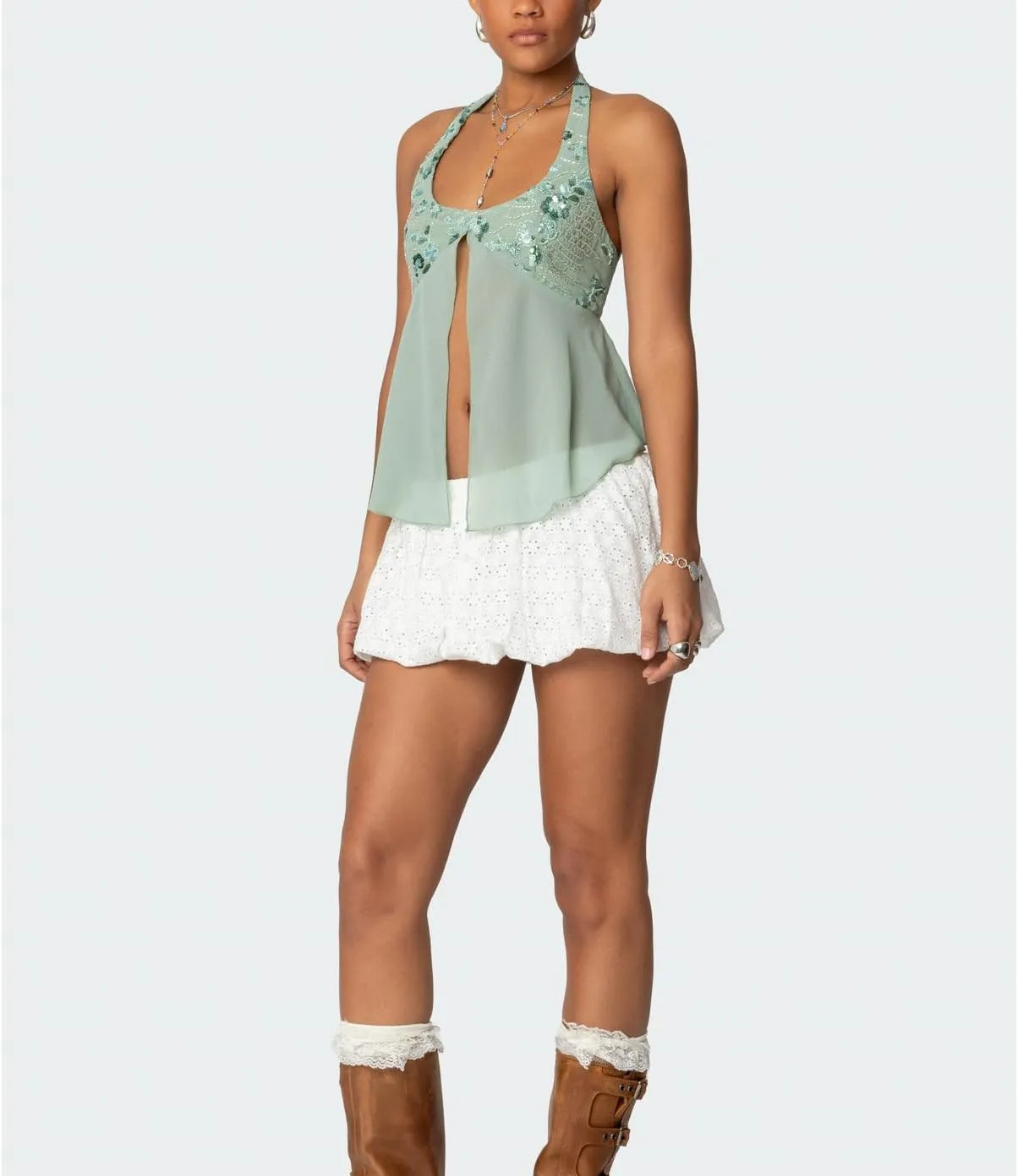 Women Y2K Sequin Cami Tops Sleeveless Scoop Neck Chiffon Patchwork Sparkly Halter Crop Top Split Front Glitter Tank