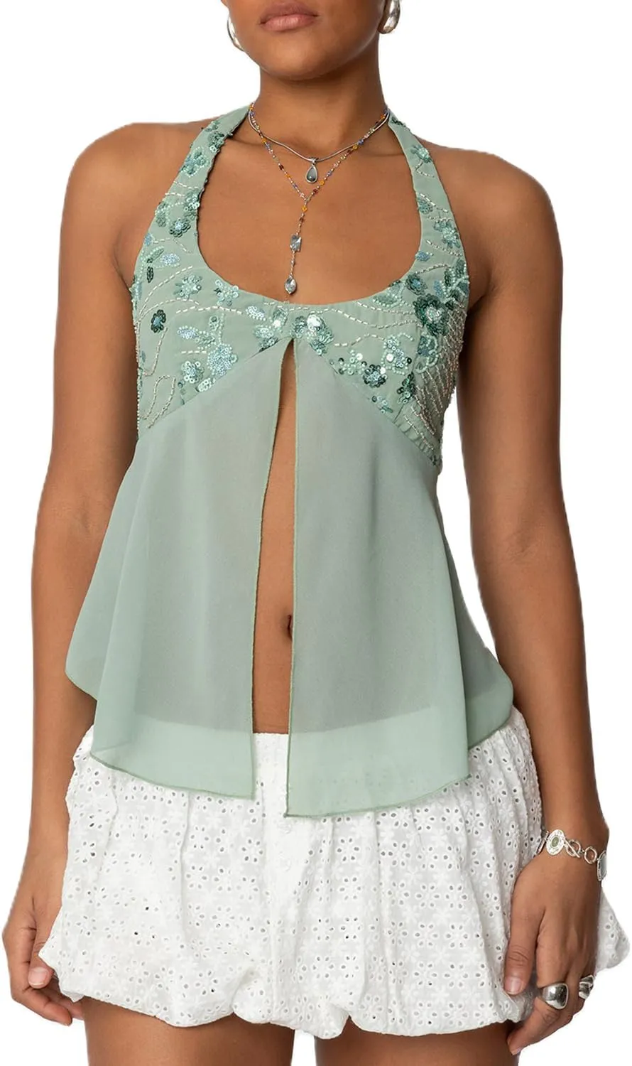 Women Y2K Sequin Cami Tops Sleeveless Scoop Neck Chiffon Patchwork Sparkly Halter Crop Top Split Front Glitter Tank