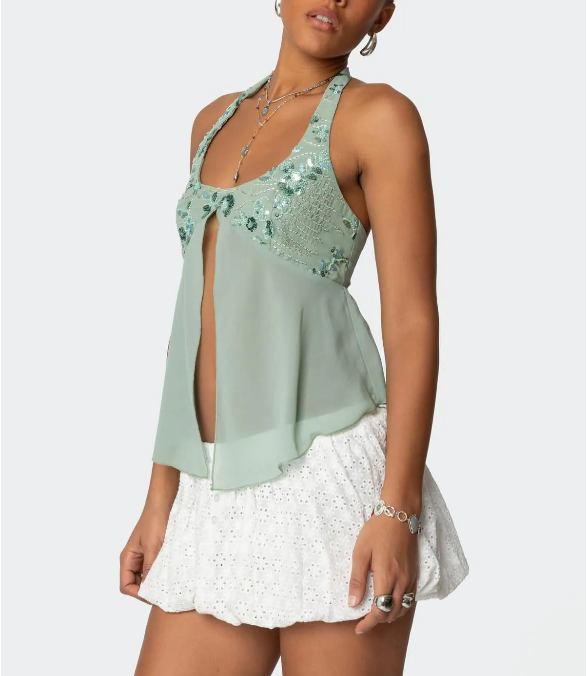 Women Y2K Sequin Cami Tops Sleeveless Scoop Neck Chiffon Patchwork Sparkly Halter Crop Top Split Front Glitter Tank