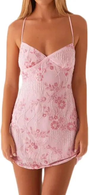 Women Y2k Sequin Sparkly Rhinestone Bodycon Mini Dress Sexy Floral Glitter Tie Back Criss Cross Strap Short Dress