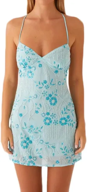 Women Y2k Sequin Sparkly Rhinestone Bodycon Mini Dress Sexy Floral Glitter Tie Back Criss Cross Strap Short Dress