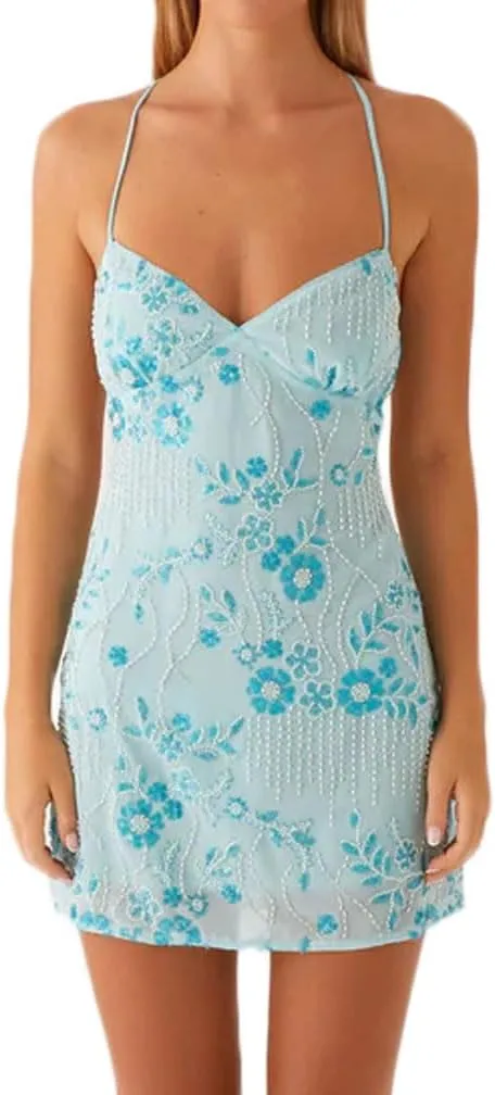 Women Y2k Sequin Sparkly Rhinestone Bodycon Mini Dress Sexy Floral Glitter Tie Back Criss Cross Strap Short Dress