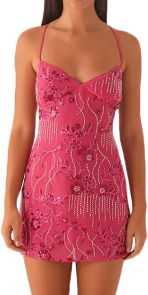 Women Y2k Sequin Sparkly Rhinestone Bodycon Mini Dress Sexy Floral Glitter Tie Back Criss Cross Strap Short Dress