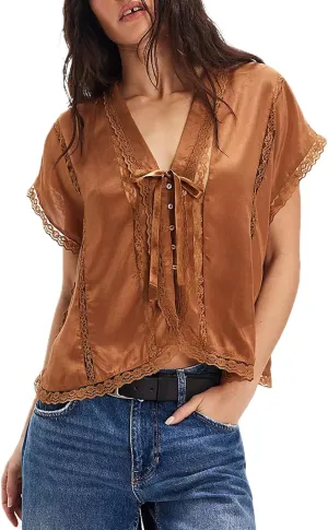 Women Y2k Sheer Lace Trim Button Up Tank Tops Cute Front Tie Up V Neck Going Out Blouse Shirts Vest Summer