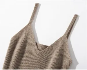Women's 100%Wool Knitted Cropped Tanks Solid Color Basic Cami Spaghetti Strap Camisole Female Vest