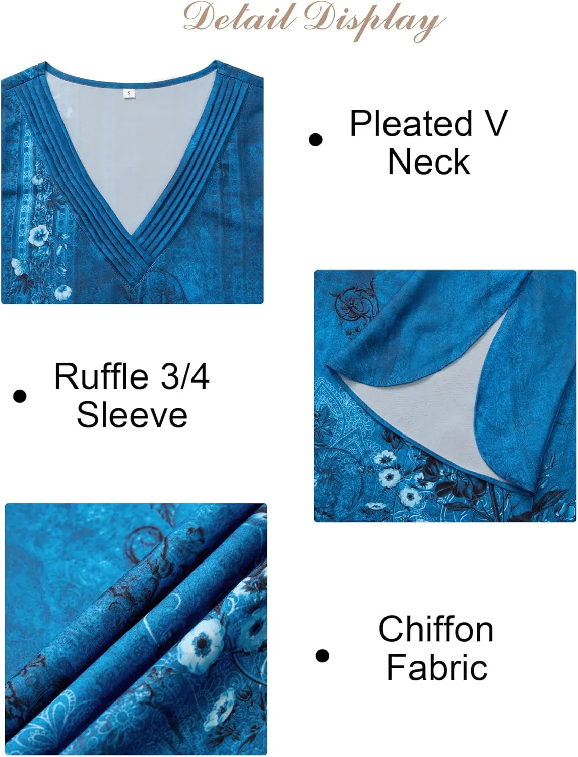 Women's 3/4 Sleeve Tops Pleated V Neck Business Casual Chffion Blouses Dressy Office Work Shirts Loose Fit Tunics