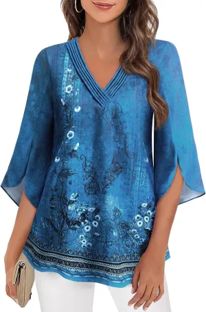 Women's 3/4 Sleeve Tops Pleated V Neck Business Casual Chffion Blouses Dressy Office Work Shirts Loose Fit Tunics