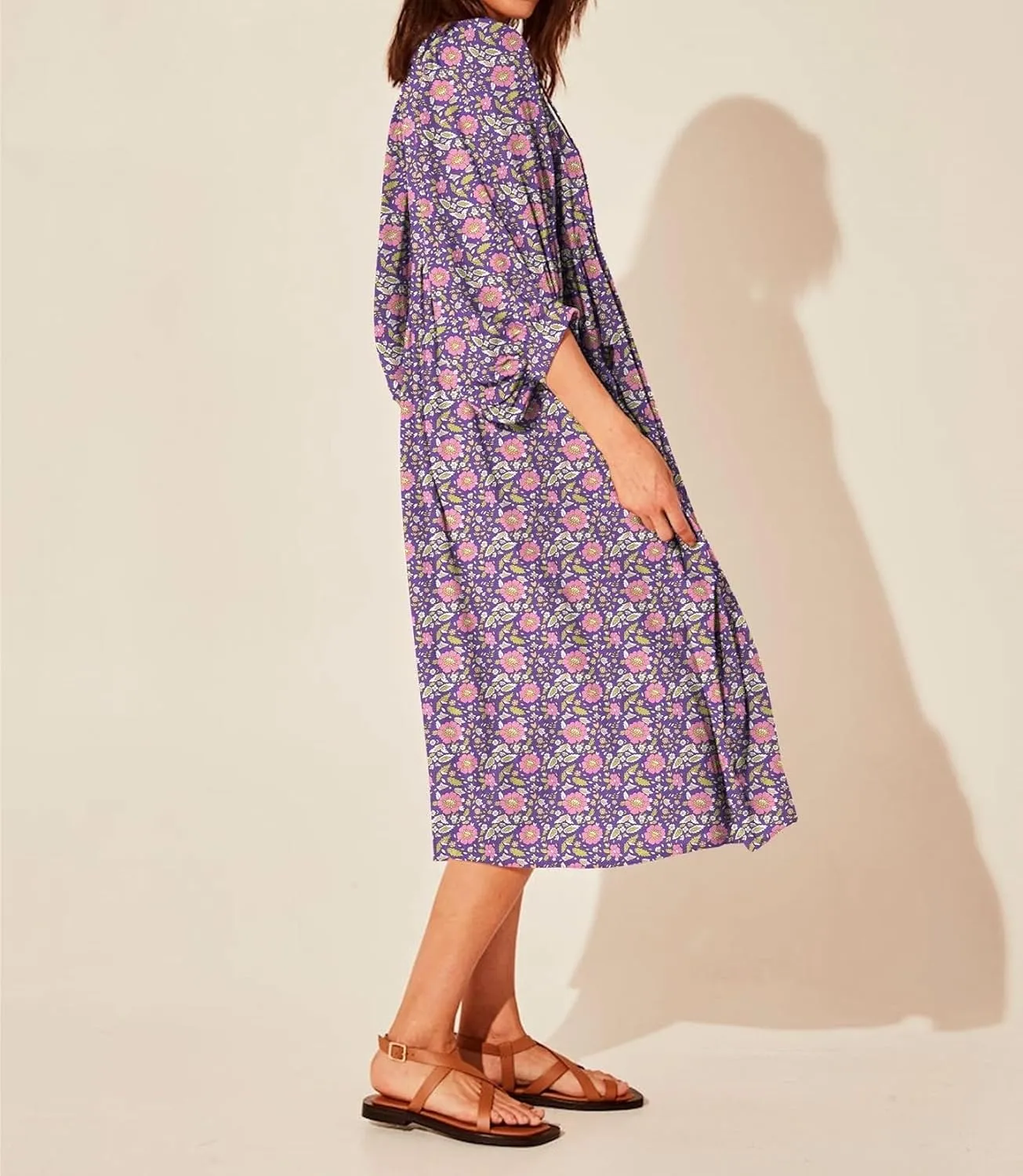 Womens Boho Sundress Summer Dresses V Neck Puff Sleeve Floral Flowy Swing Casual Dress Plus