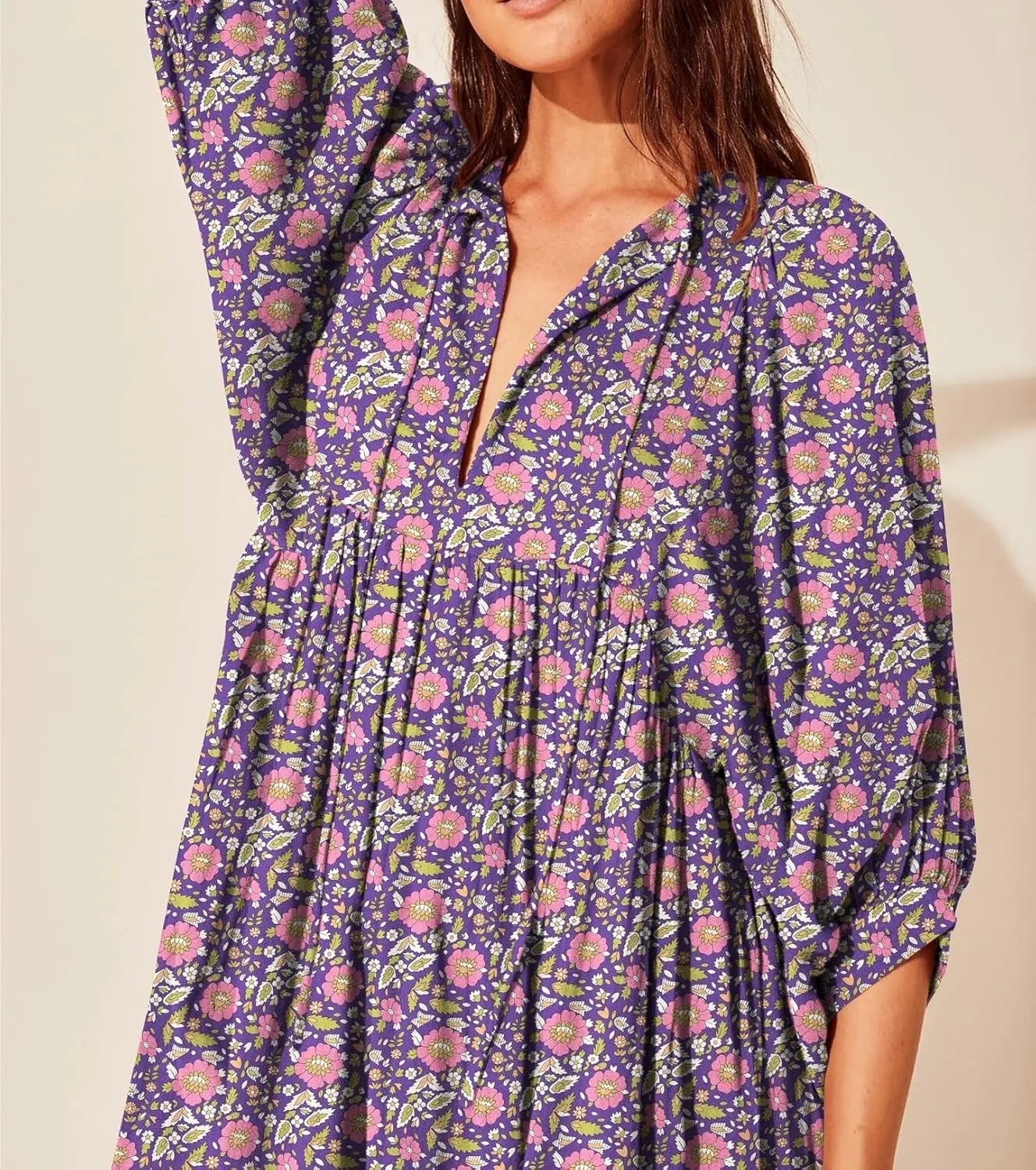Womens Boho Sundress Summer Dresses V Neck Puff Sleeve Floral Flowy Swing Casual Dress Plus