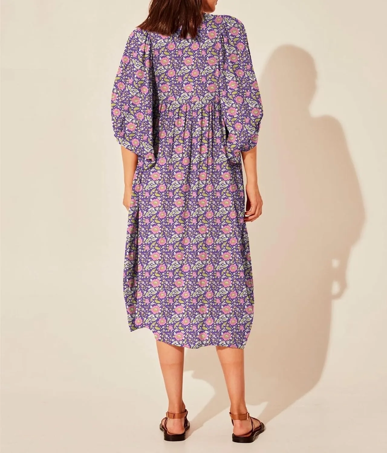 Womens Boho Sundress Summer Dresses V Neck Puff Sleeve Floral Flowy Swing Casual Dress Plus
