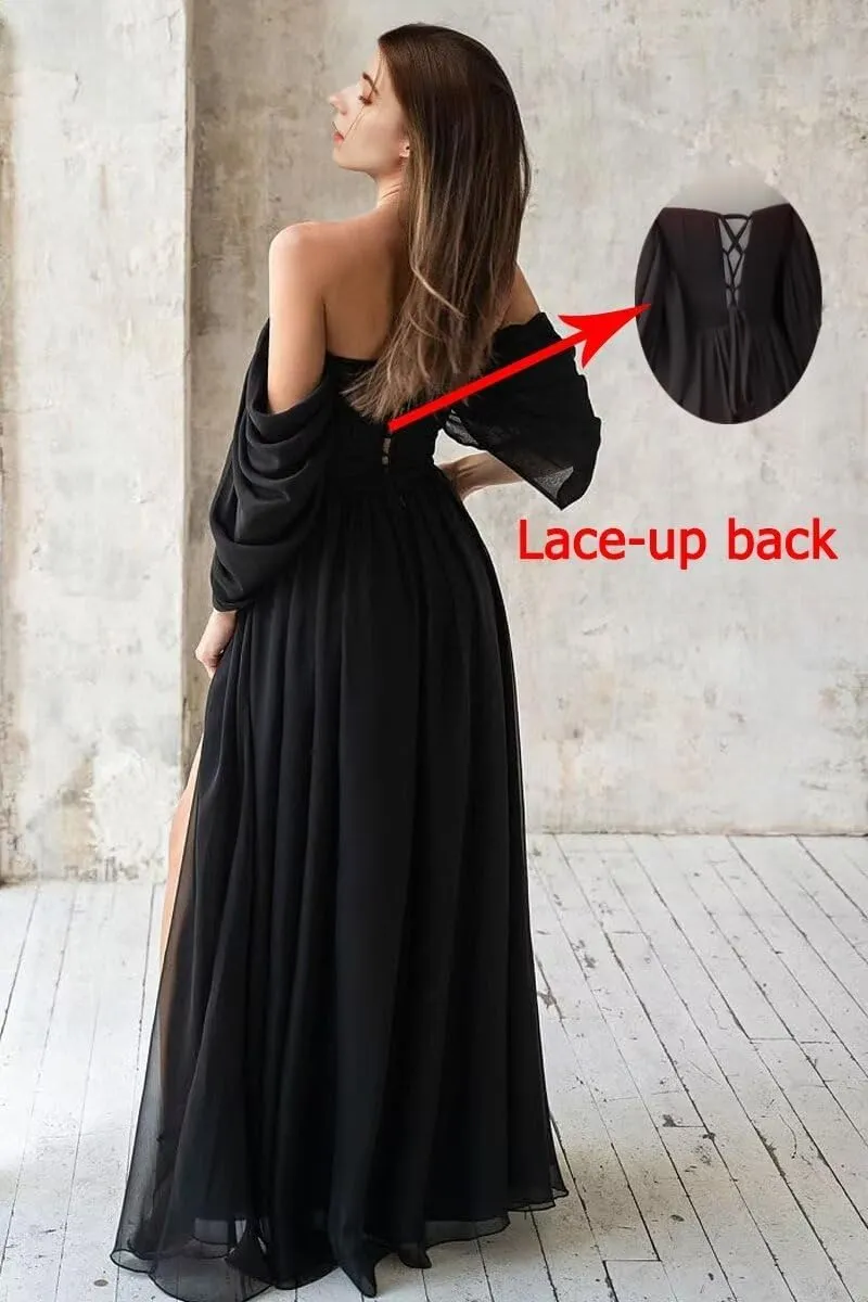 Women's Bridesmaid Dress Sweetheart Neck Ruffle Sleeve Off Shoulder Ruched Bust Long Chiffon Split Formal Dresses