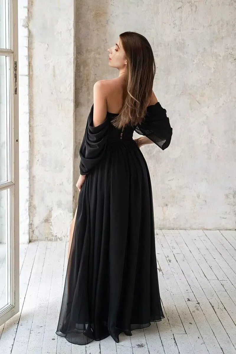Women's Bridesmaid Dress Sweetheart Neck Ruffle Sleeve Off Shoulder Ruched Bust Long Chiffon Split Formal Dresses