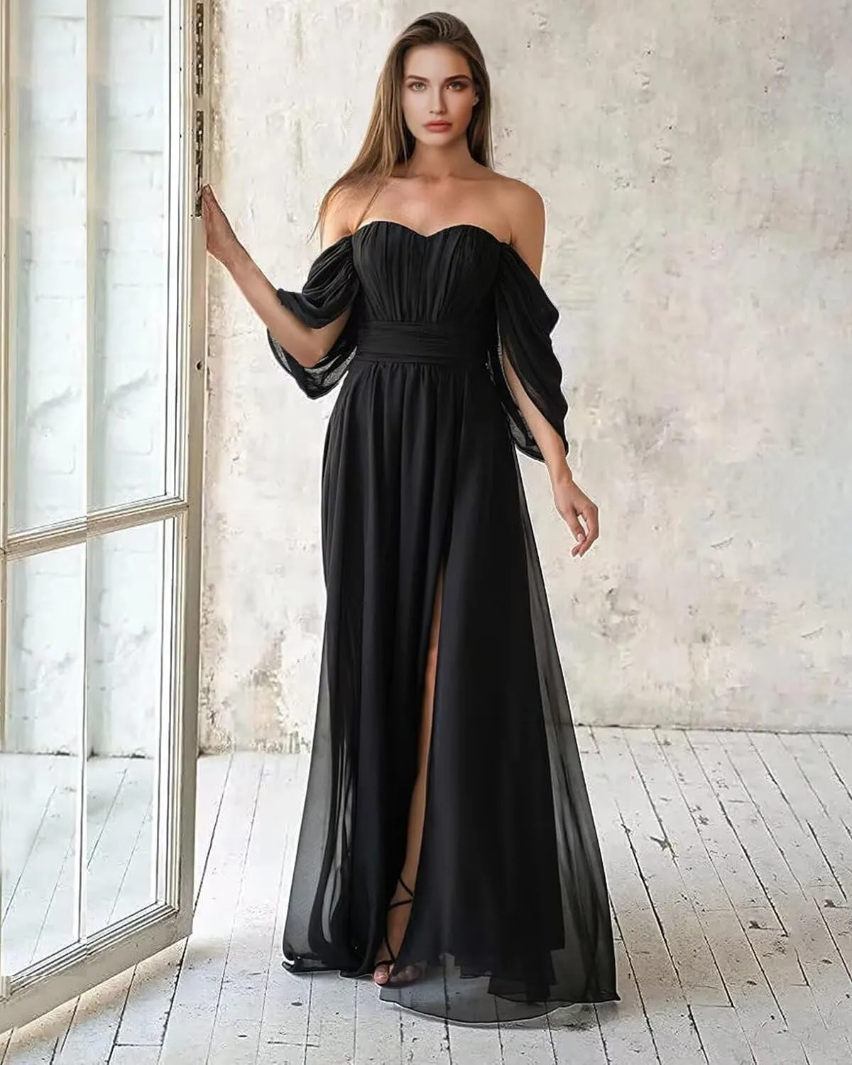 Women's Bridesmaid Dress Sweetheart Neck Ruffle Sleeve Off Shoulder Ruched Bust Long Chiffon Split Formal Dresses