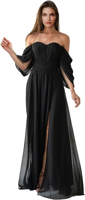 Women's Bridesmaid Dress Sweetheart Neck Ruffle Sleeve Off Shoulder Ruched Bust Long Chiffon Split Formal Dresses