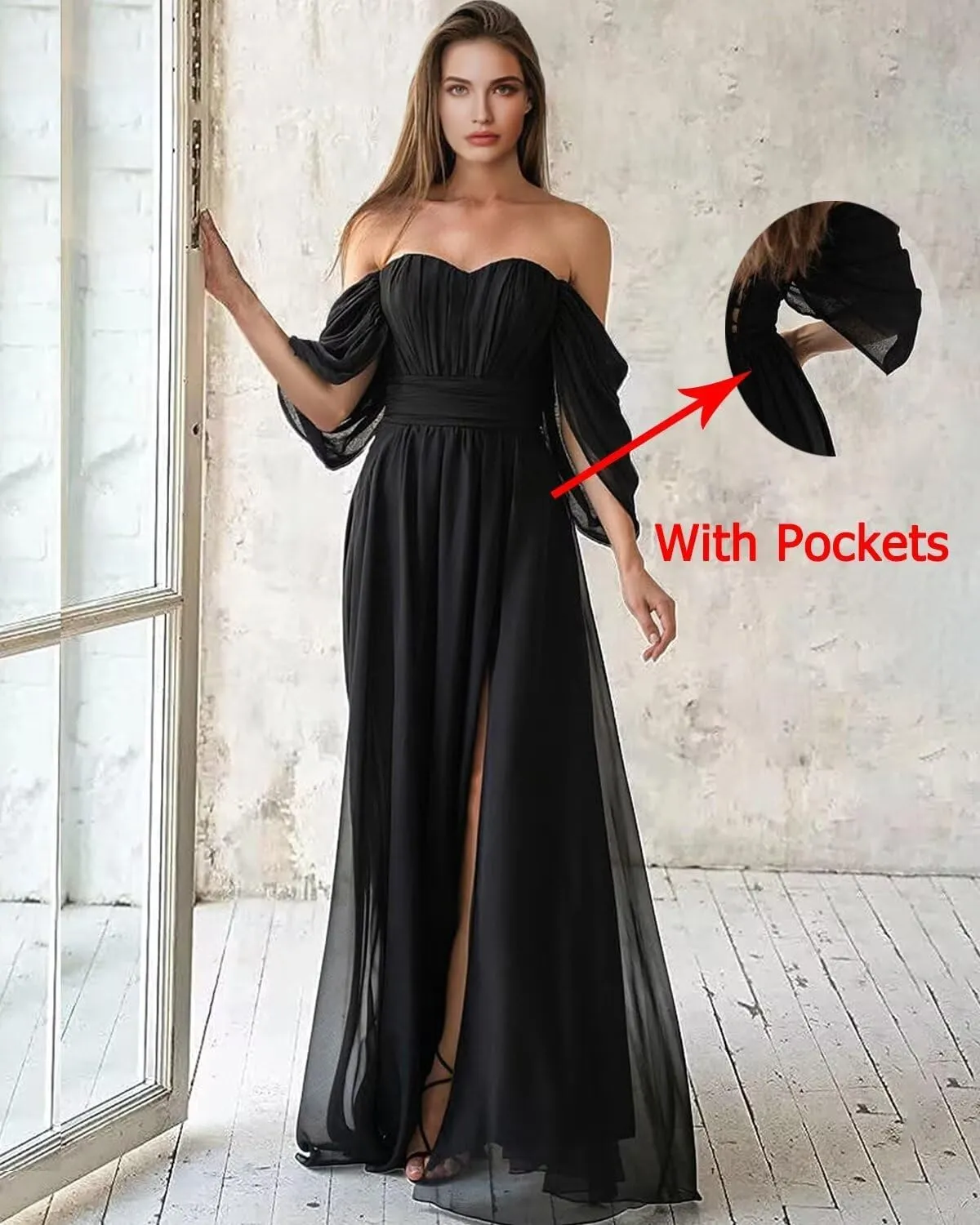 Women's Bridesmaid Dress Sweetheart Neck Ruffle Sleeve Off Shoulder Ruched Bust Long Chiffon Split Formal Dresses
